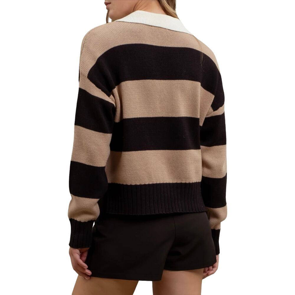 Studio by The Workshop Camel Stripe Polo Sweater Rugby Knit Top S - Picture 2 of 7